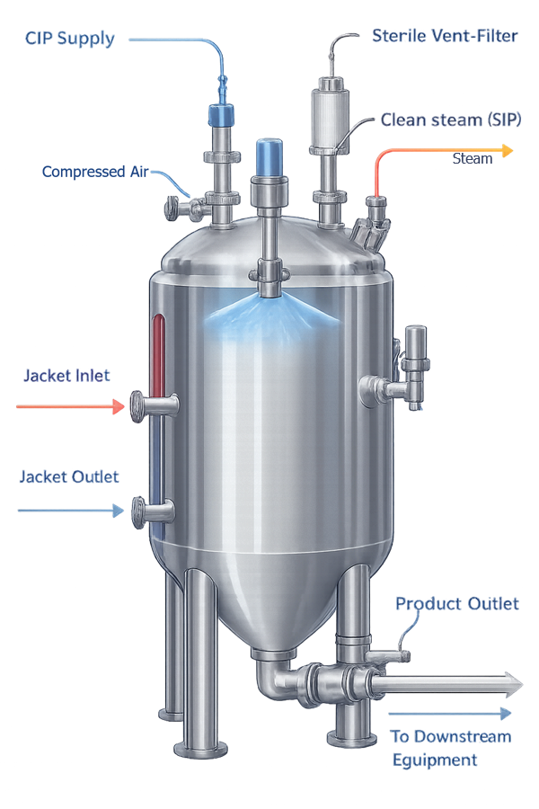 Diagram showing pharmaceutical vessel connected to heating jacket, CIP supply line, steam supply, and sterile vent filter.