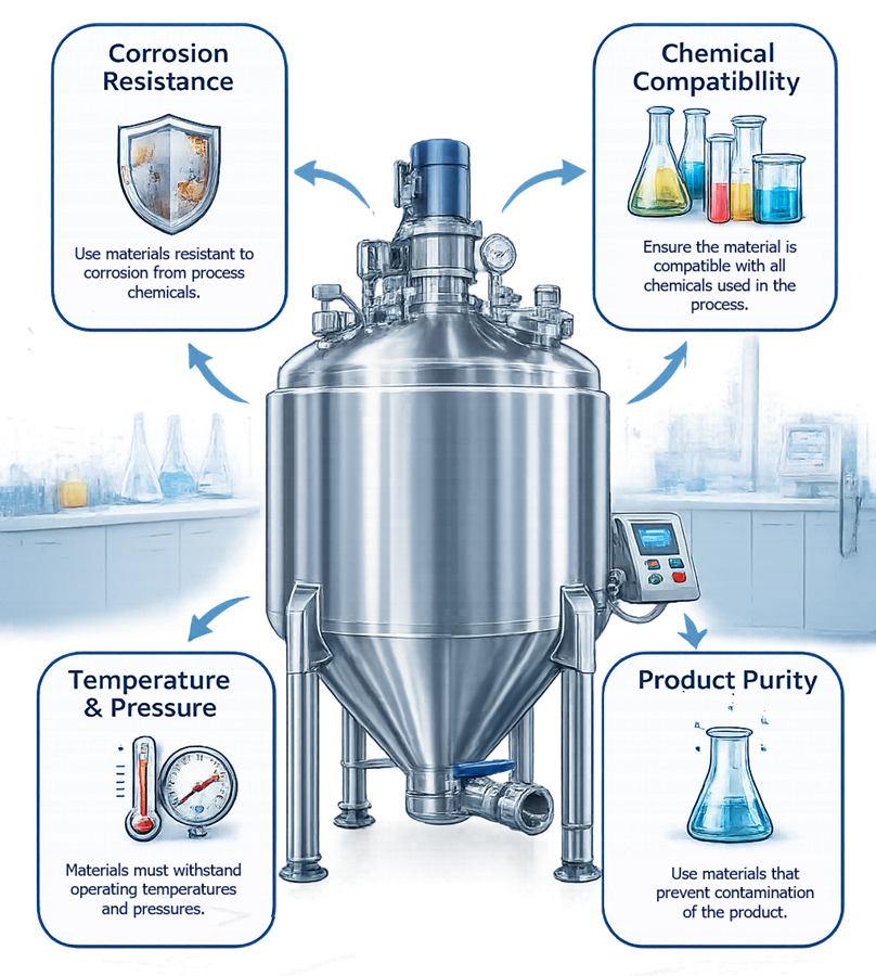 Diagram illustrating pharmaceutical vessel material compatibility with process fluids, cleaning chemicals, and steam sterilization conditions.