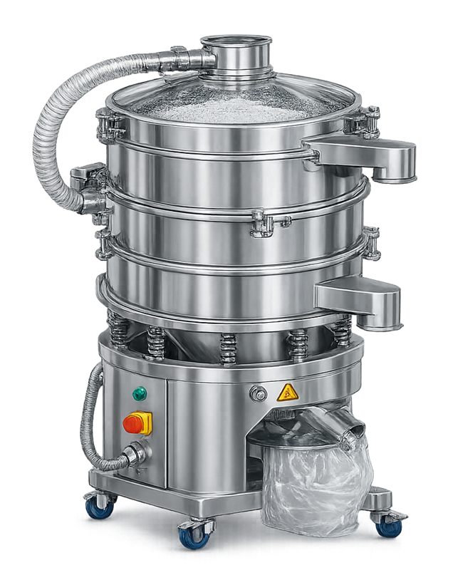 Vibratory sieve used to remove agglomerates from pharmaceutical powders prior to blending operations.