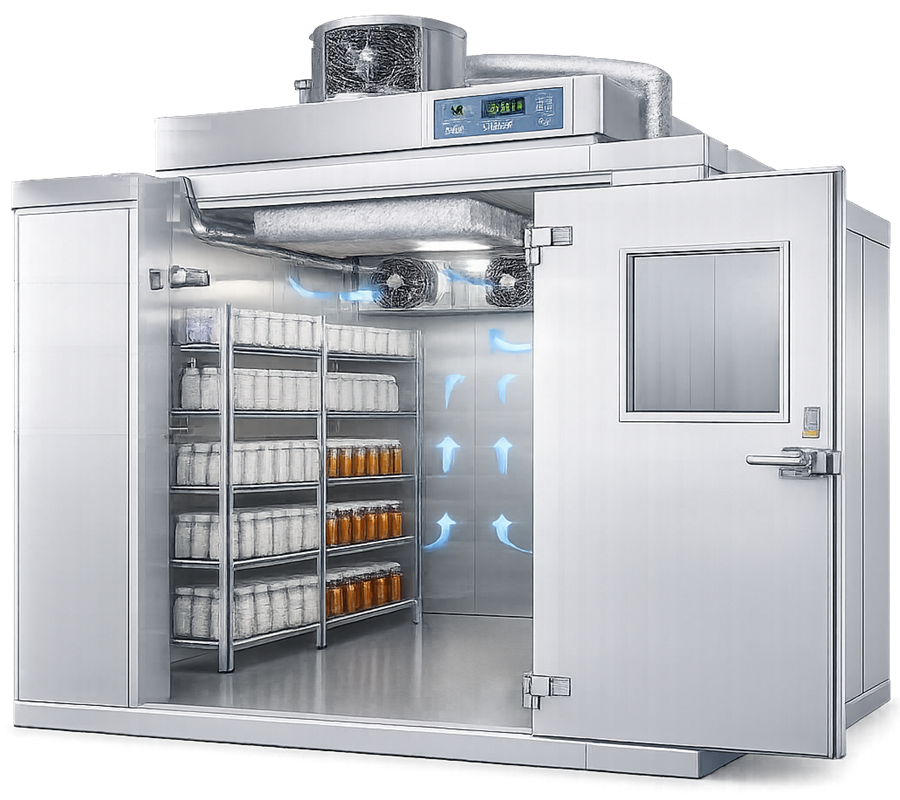 Walk-in pharmaceutical stability chamber with insulated walls, storage racks for stability samples, environmental control unit, circulation fans, and monitoring sensors. 