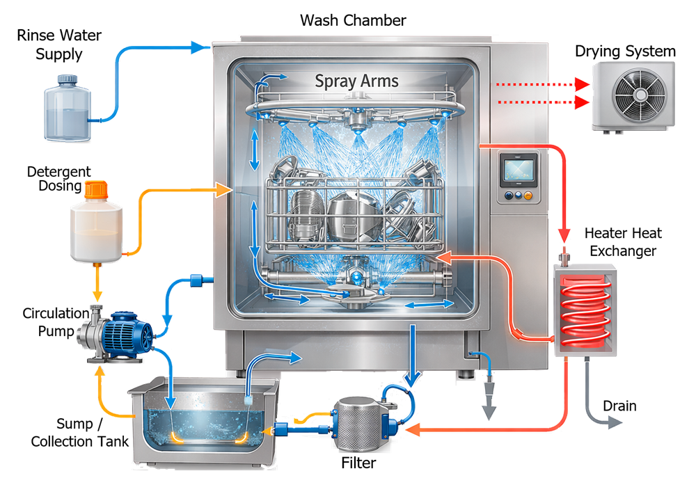 Architecture of a pharmaceutical parts washer showing wash chamber, rotating spray arms, circulation pump, detergent injection system, filtration loop, rinse water supply, and drying air system used for automated cleaning of equipment parts.