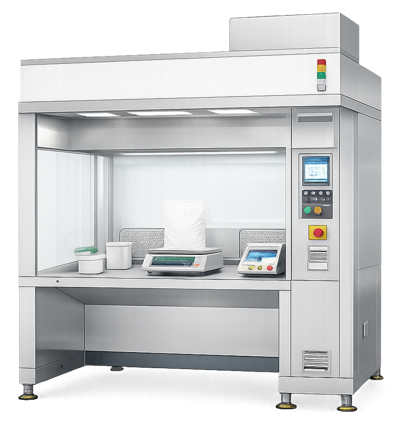 Pharmaceutical weighing and dispensing booth with airflow containment used for controlled raw material weighing.