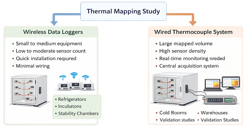 Decision diagram showing criteria for selecting wireless temperature loggers or wired thermocouple data acquisition systems for thermal mapping based on mapped volume, number of sensors, installation complexity, and monitoring requirements.